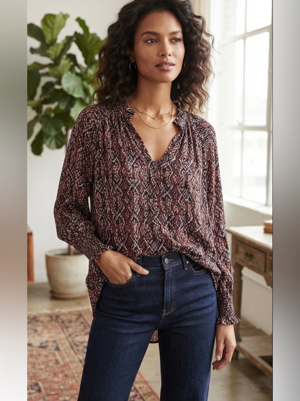 Fat Face Rust and Black Geo V-Neck Blouse